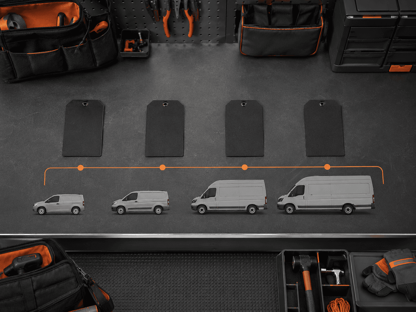 Four-stage van kit selection workbench with generic vehicle silhouettes