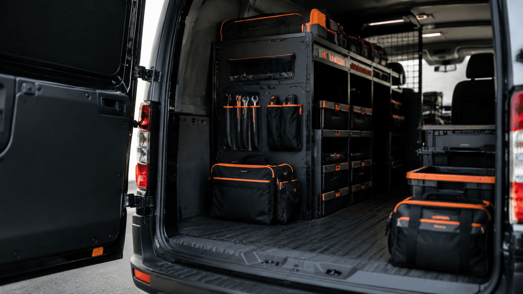 An organised unbranded cargo van interior with tool storage, divider, crates and anti-slip liner