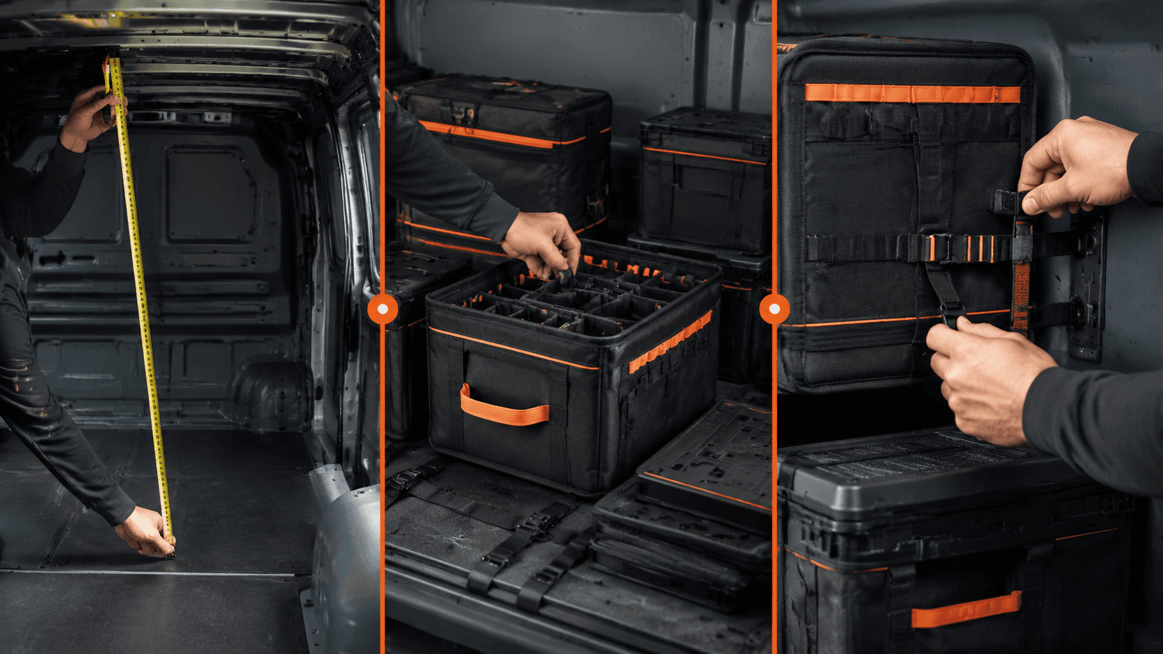 Three-stage process of measuring a generic van, choosing storage and fitting it without drilling