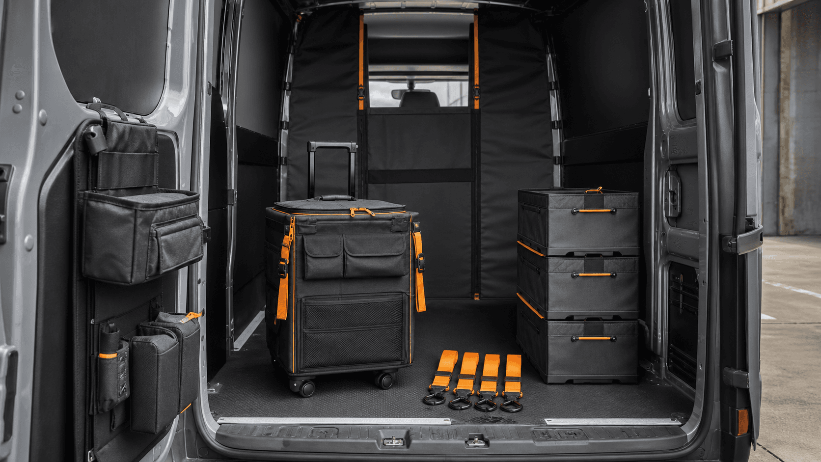 A complete no-drill storage kit arranged inside an unbranded cargo van